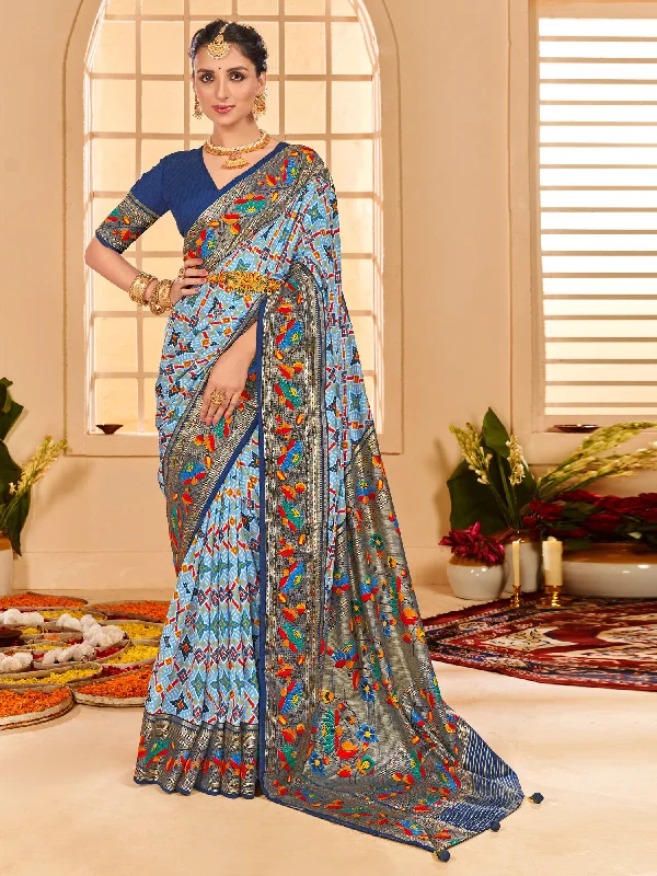 Women's Tussar Silk Light Blue Printed Designer Saree With Blouse Piece Lightweight Floral Blouse