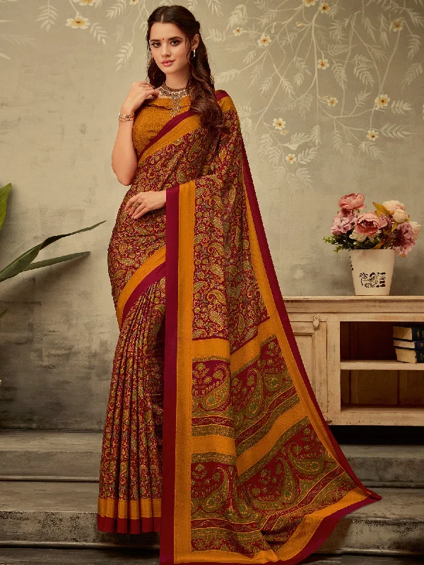 Women's Crepe Maroon Printed Designer Saree With Blouse Piece Lightweight Floral Blouse