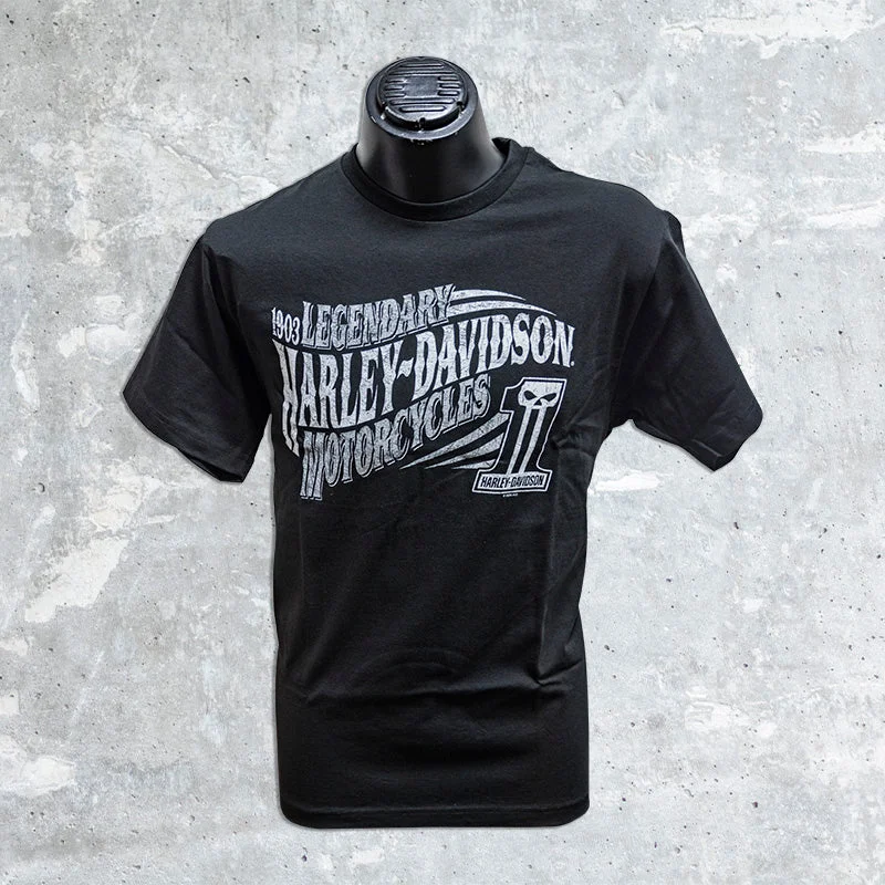 West Bend Harley Davidson-Black T-Shirt with Dark Wave-- Asymmetrical Pockets Print