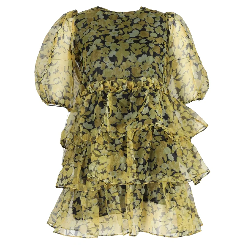 Ganni Ruffled Tiered Floral-Print Organza Mini Dress In Yellow Polyester Elegant Satin Lace Mini Dress