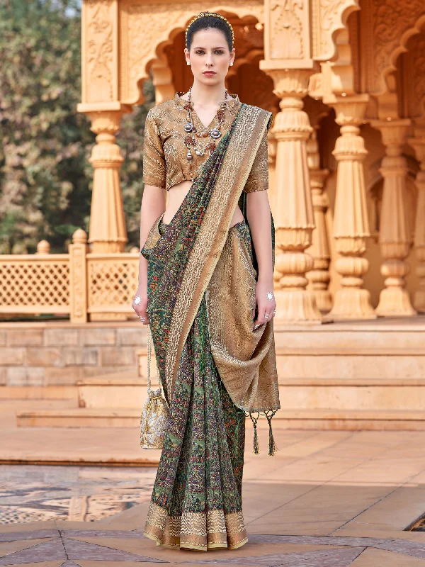 Women's Silk Blend Green Woven Design Designer Saree With Blouse Piece Pastel Color Blouse