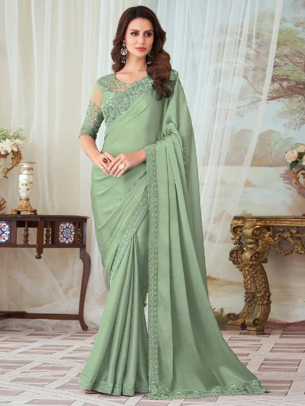 Women's Silk Blend Light Green Embellished Designer Saree With Blouse Piece Stretchy Fitted Blouse