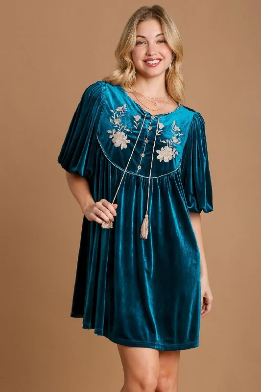 Embroidered Half Sleeve Velvet Mini Dress with Tassel Stylish Ribbed Mini Dress