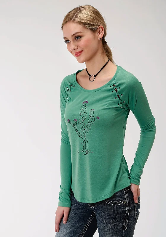 Roper Womens Moss Green Poly/Rayon Cactus L/S T-Shirt-- Front Pockets Side Pockets Patch Pockets
