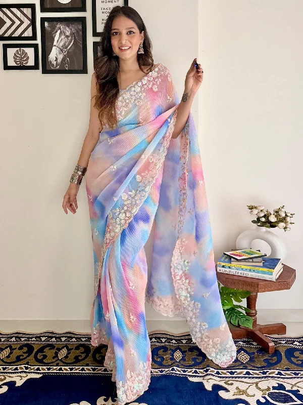 Women's Georgette Multicolored Embellished Designer Saree With Blouse Piece Sweetheart Neck Blouse