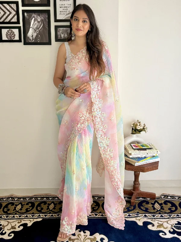 Women's Georgette Multicolored Embellished Designer Saree With Blouse Piece Classic Minimalist Blouse