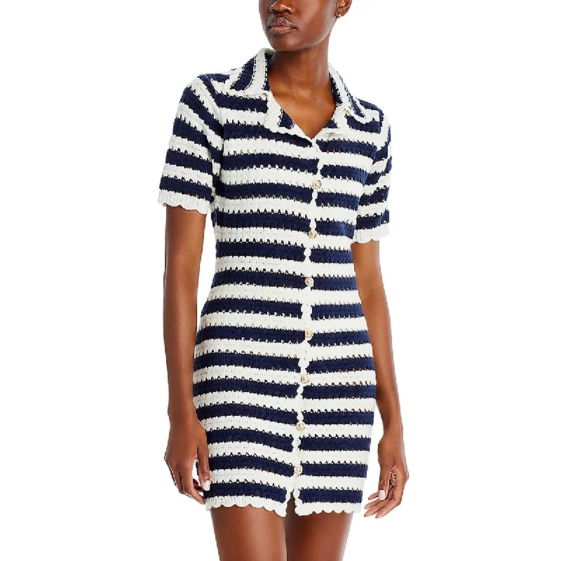 Womens Crochet Collared Mini Dress Fashionable Pleated Mini Dress