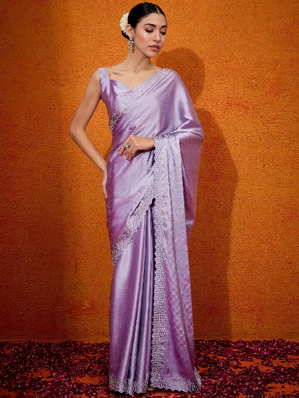 Women's Satin Silk Lavender Embellished Designer Saree With Blouse Piece Lightweight Floral Blouse