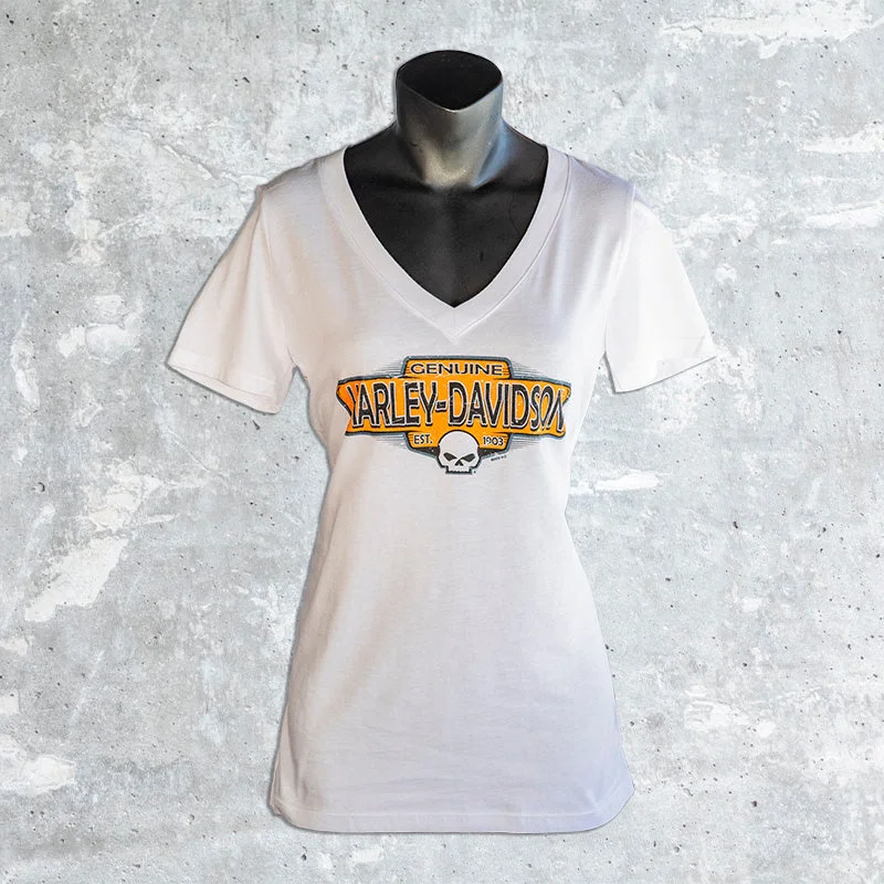 Lakeshore Harley Davidson- Women's White V-Neck T-Shirt with Orange Shield-- Mesh Fabric Canvas Fabric Denim Fabric