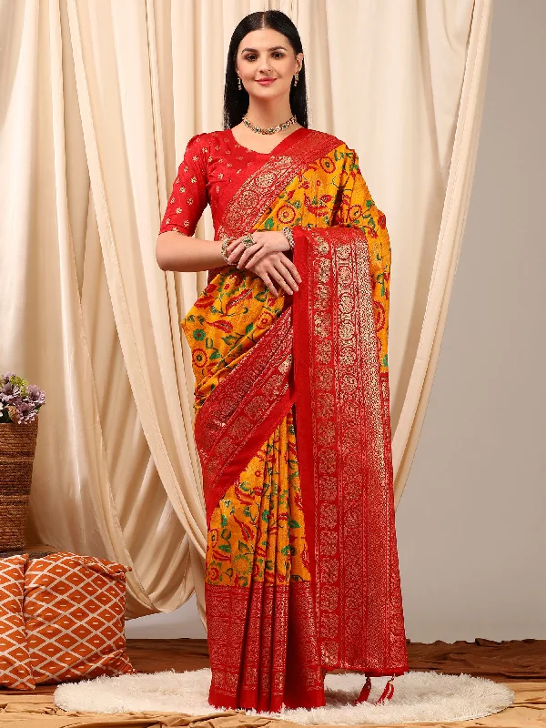 Women's Cotton Blend Yellow Printed Designer Saree With Blouse Piece Stylish Wrap Blouse