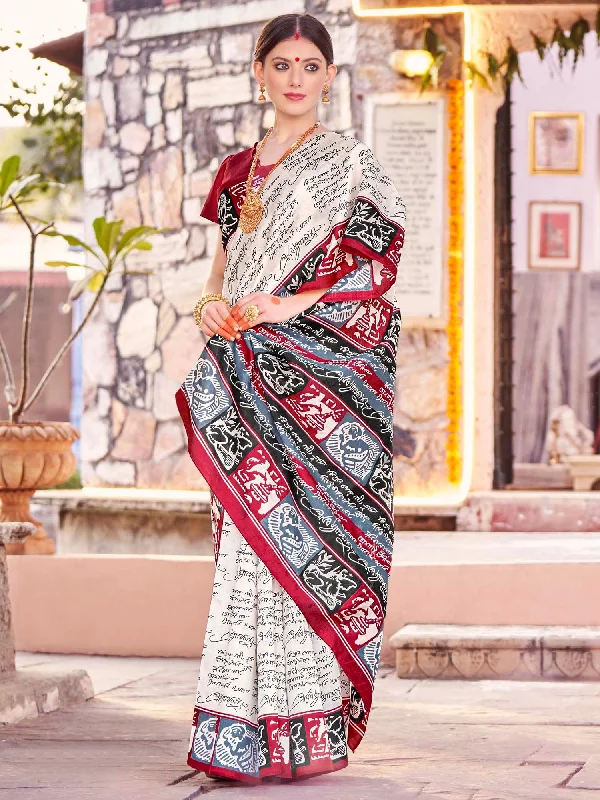 Women's Bhagalpuri Silk Off White Printed Designer Saree With Blouse Piece Chic Square Blouse
