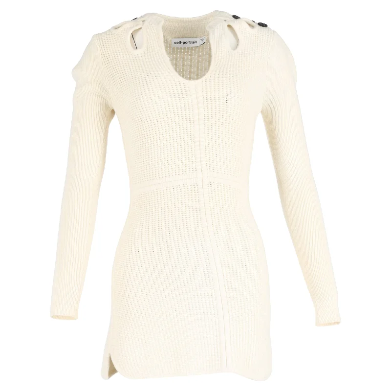 Self-Portrait Button-Embellished Cutout Ribbed Mini Dress in Cream Cotton Fashionable Mini Dress with Frills