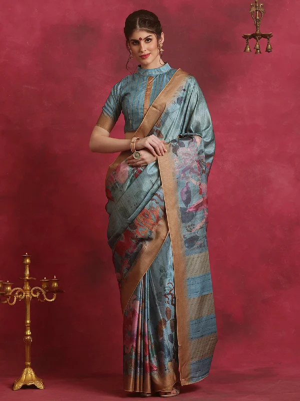 Women's Cotton Blend Blue Printed Designer Saree With Blouse Piece Chic Ruffle Blouse