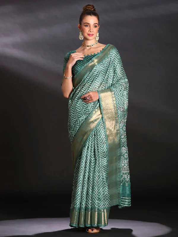 Women's Art Silk Sea Green Printed Designer Saree With Blouse Piece Everyday Stylish Blouse