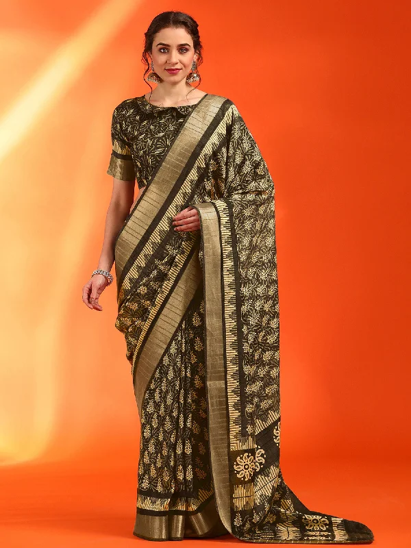 Women's Cotton Silk Olive Printed Designer Saree With Blouse Piece Collared Satin Blouse