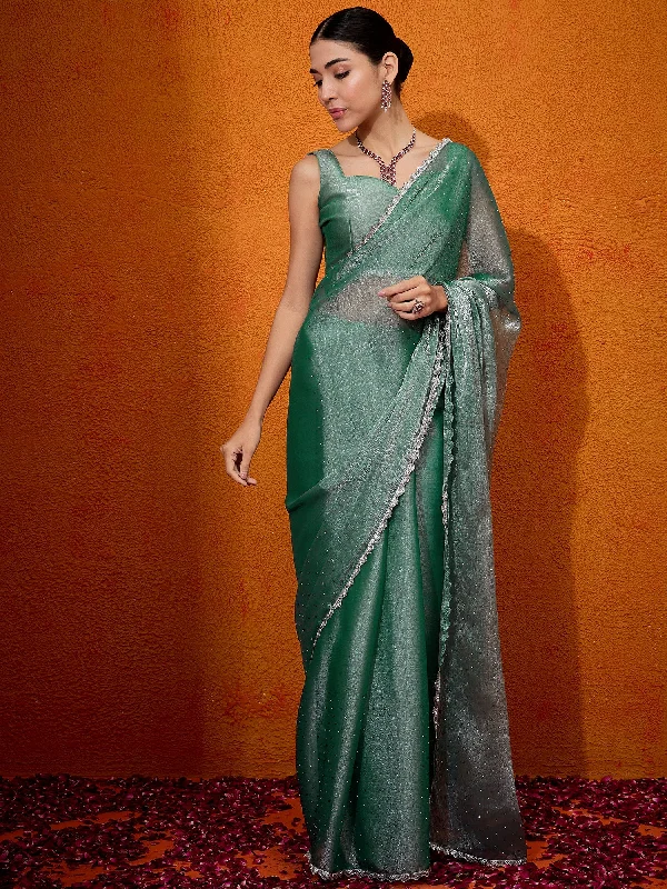 Women's Organza Teal green Embellished Designer Saree With Blouse Piece Sleeveless Chiffon Blouse