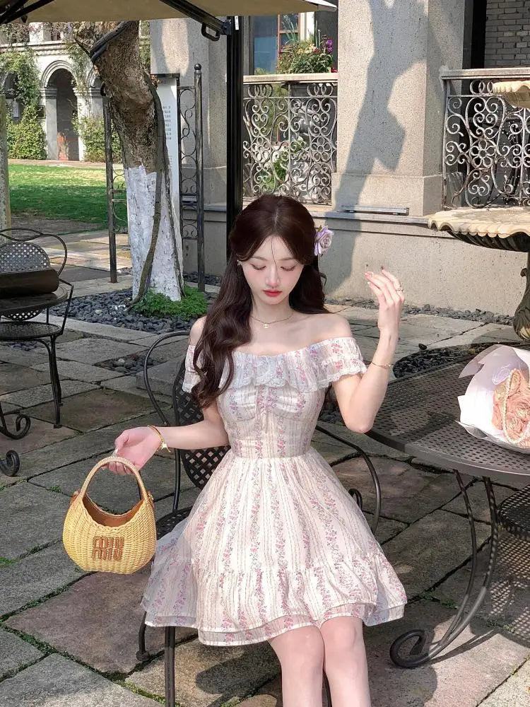 Advbridge French Romantic Fashion Sweet Purple Flower Flying Sleeves Dress Women's Summer Elegant Holiday Party Ruffles Fairy Mini Dresses Fashionable Mini Dress with Slits