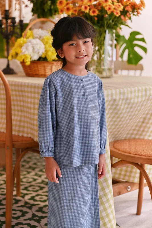The Sarang Princess Blouse - Yale Blue Checked Off-Shoulder Wrap Blouse