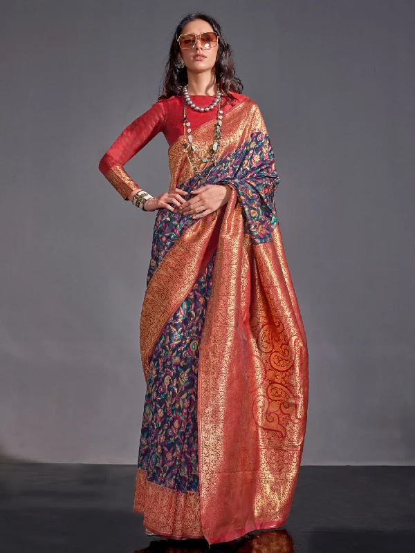Women's Silk Blend Navy Blue Woven Design Designer Saree With Blouse Piece Elegant Embroidery Blouse