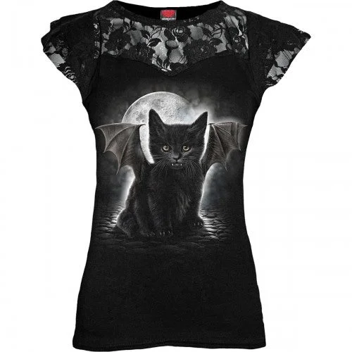 Spiral Direct Womens/Ladies Batcat Capped Sleeved T-Shirt-- Collared Crew Neck Turtle Neck