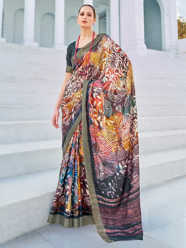 Women's Cotton Blend Multicolored Printed Designer Saree With Blouse Piece Sleeveless Chiffon Blouse