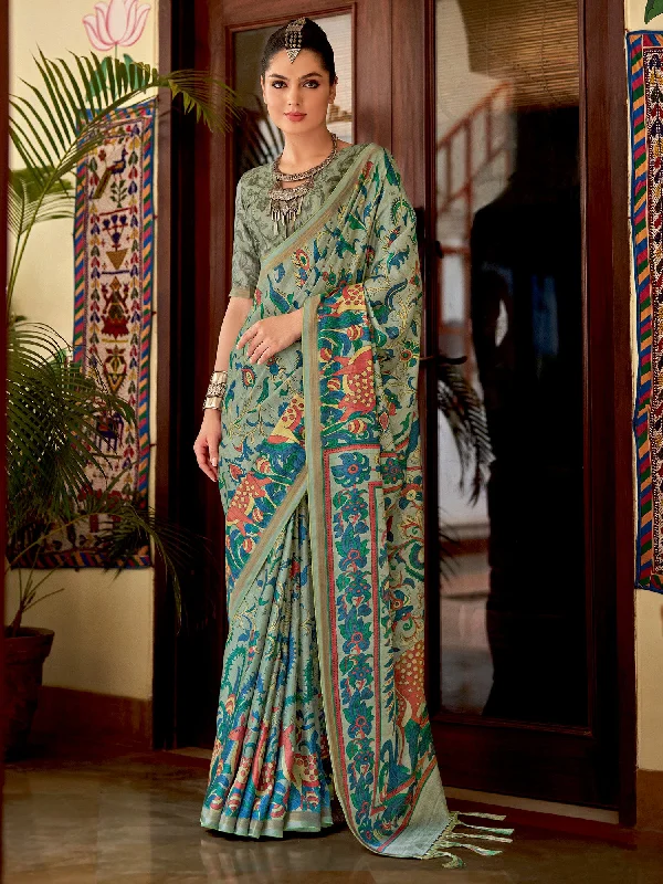Women's Silk Blend Sea Green Printed Designer Saree With Blouse Piece Short Sleeve Blouse