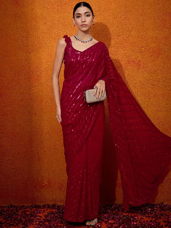 Women's Georgette Pink Embellished Designer Saree With Blouse Piece Gathered Detail Blouse