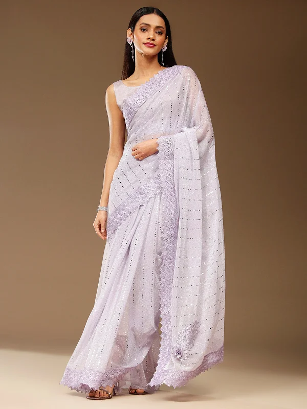 Women's Lycra Lavender Embellished Designer Saree With Blouse Piece Bell Sleeve Blouse