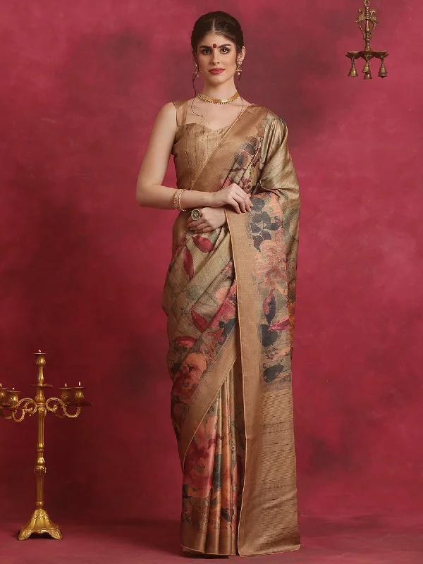 Women's Cotton Blend Brown Printed Designer Saree With Blouse Piece Classic White Blouse