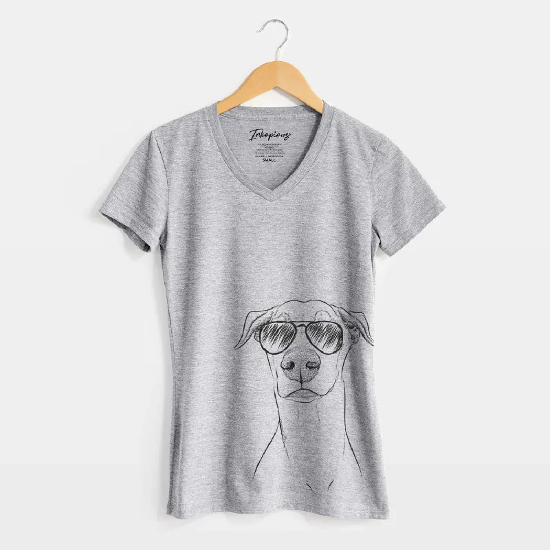 Aviator Walter the White Doberman Rescue - Women's V-neck Shirt-- Striped Floral Plaid