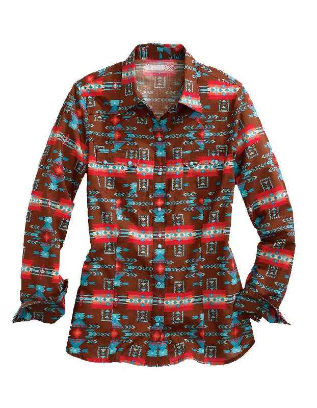 Tin Haul Womens Brown 100% Cotton Turquoise Aztec L/S Shirt-- Thin T-Shirt Open Front Quick Dry
