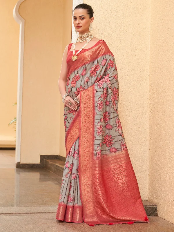 Women's Tussar Silk Charcoal Grey Digital Print Designer Saree With Blouse Piece Casual Stripe Blouse