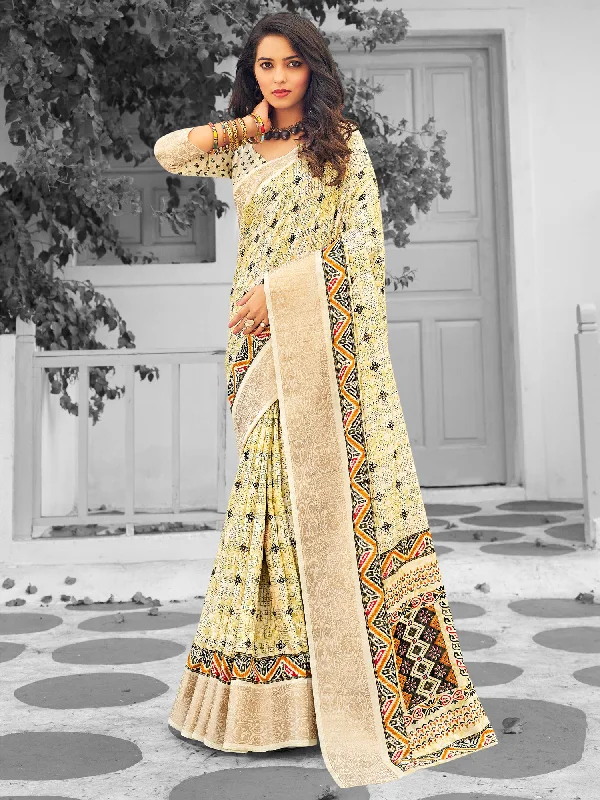 Women's Muga Silk Yellow Printed Designer Saree With Blouse Piece Elegant Embroidery Blouse