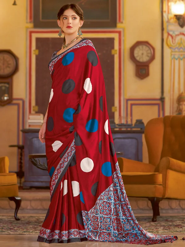 Women's Crepe Red Printed Designer Saree With Blouse Piece Balloon Sleeve Blouse