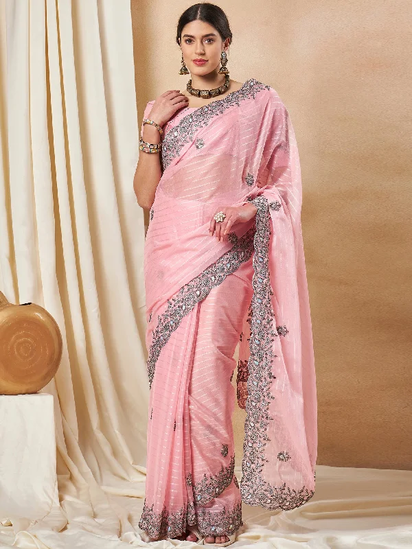 Women's Georgette Pink Embellished Designer Saree With Blouse Piece Business Casual Blouse