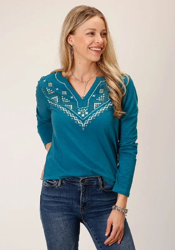 Roper Womens Geometric Yoke Teal 100% Cotton L/S T-Shirt-- Plaid T-Shirt Polka Dot Checkered