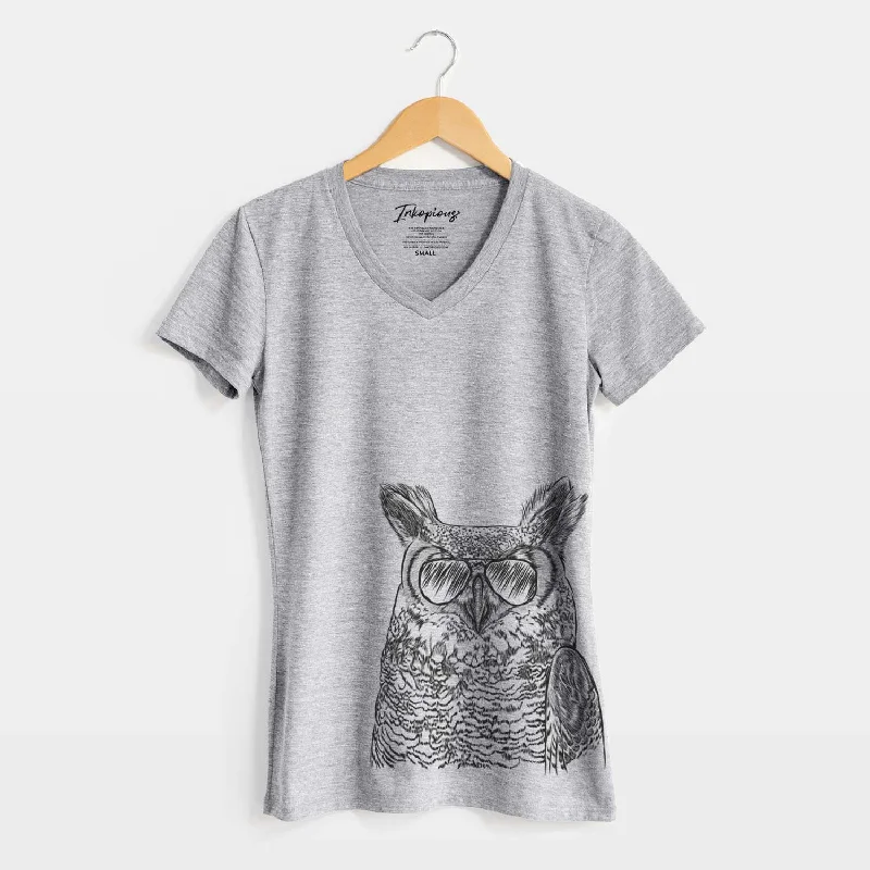 Aviator Ozwald the Grey Horned Owl - Women's V-neck Shirt-- Collared Crew Neck Turtle Neck