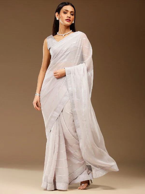 Women's Chiffon Grey Embellished Designer Saree With Blouse Piece Elegant Lace Blouse