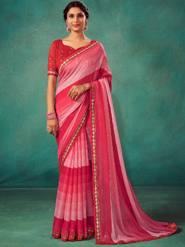 Women's Chiffon Pink Embellished Designer Saree With Blouse Piece Classic Striped Blouse