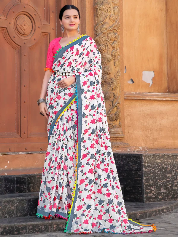 Women's Cotton White Printed Designer Saree With Blouse Piece Double Button Blouse