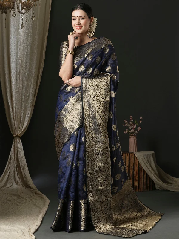 Women's Organza Navy Blue Woven Design Designer Saree With Blouse Piece Vintage Lace Blouse