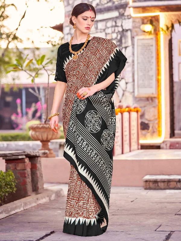 Women's Bhagalpuri Silk Brown Printed Designer Saree With Blouse Piece Silky Draped Blouse