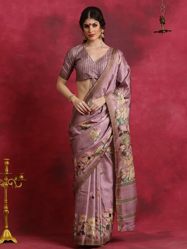 Women's Cotton Blend Mauve Printed Designer Saree With Blouse Piece Silky Tunic Blouse