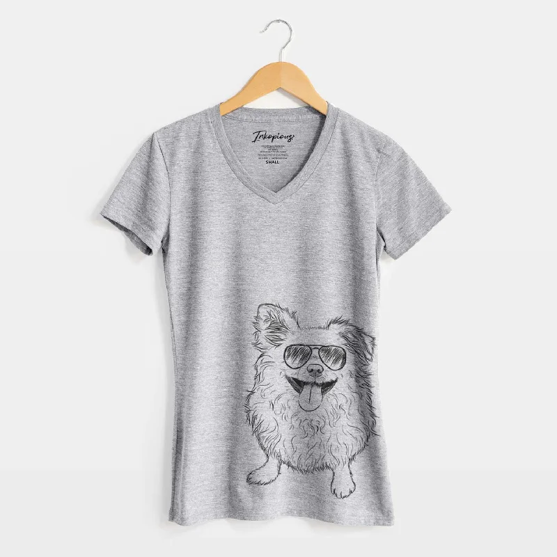Aviator Stuart the Longhaired Chihuahua - Women's V-neck Shirt-- Knit Fabric Woven Fabric Fleece Fabric