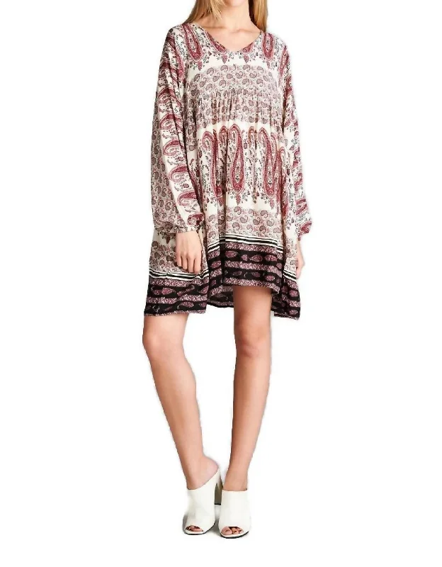 Paisley V-Neck Mini Dress In Pink Casual V-Neck Mini Dress