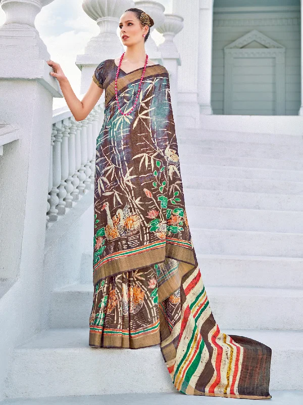 Women's Cotton Blend Brown Printed Designer Saree With Blouse Piece Classic Minimalist Blouse