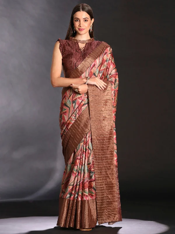 Women's Silk Blend Multicolored Printed Designer Saree With Blouse Piece Modern Oversized Blouse
