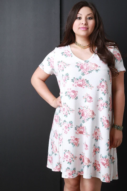 Roses Print Round Neck Mini Dress Trendy Off-Shoulder Dress Mini