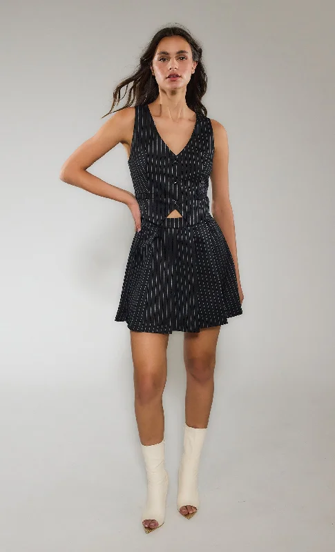 Pinstripe Pleated Waistcoat Mini Dress Trendy Button-Detail Mini Dress