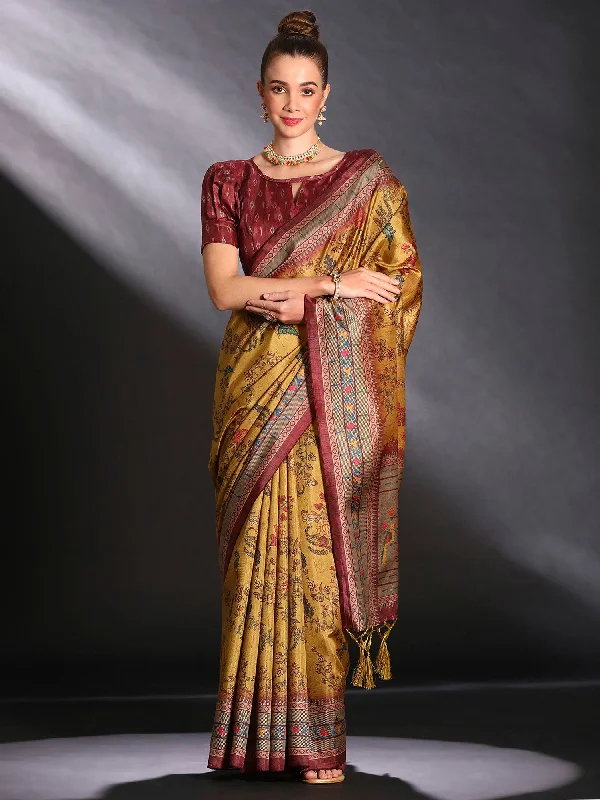Women's Cotton Blend Mustard Printed Designer Saree With Blouse Piece Peter Pan Blouse